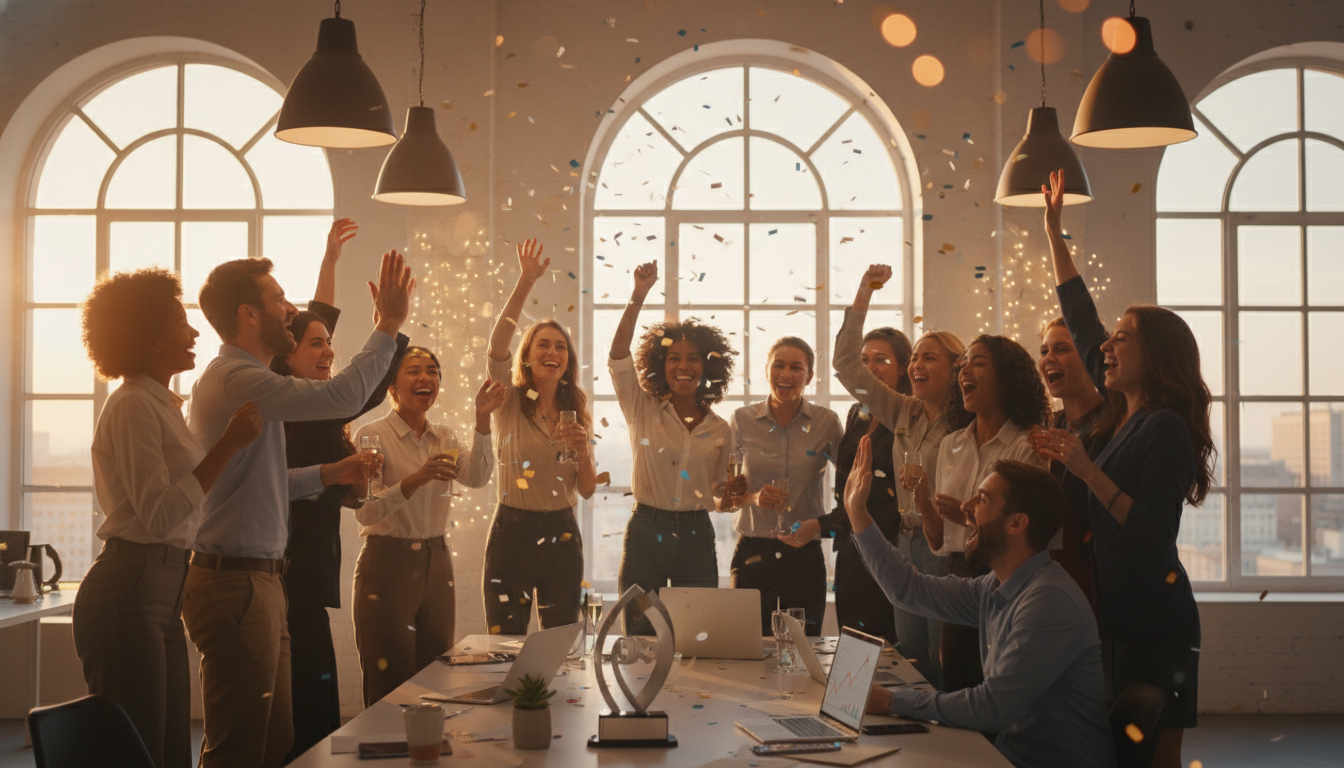 Team celebrating achievement at modern office event