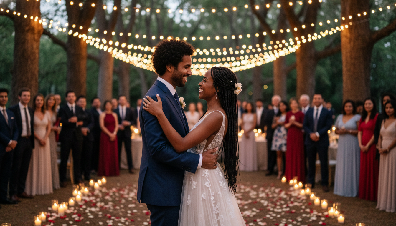 Couple dancing under fairy lights at outdoor reception