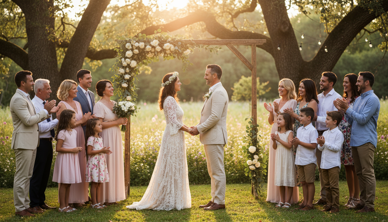 Couple renewing vows surrounded by family