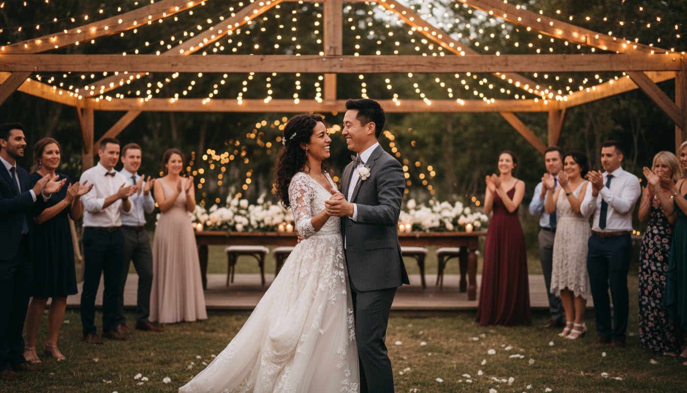 Couple dancing under fairy lights at outdoor reception