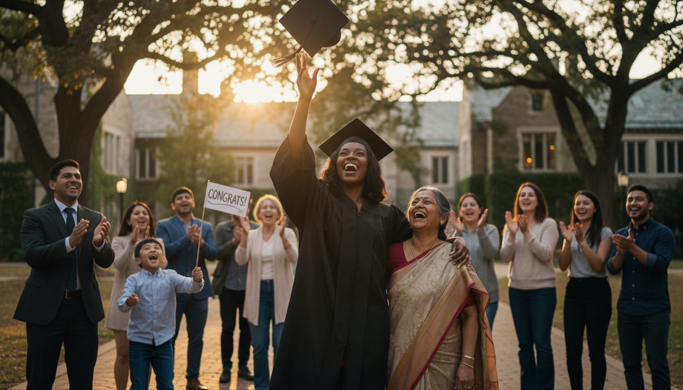 Proud graduate throwing cap in air with cheering family