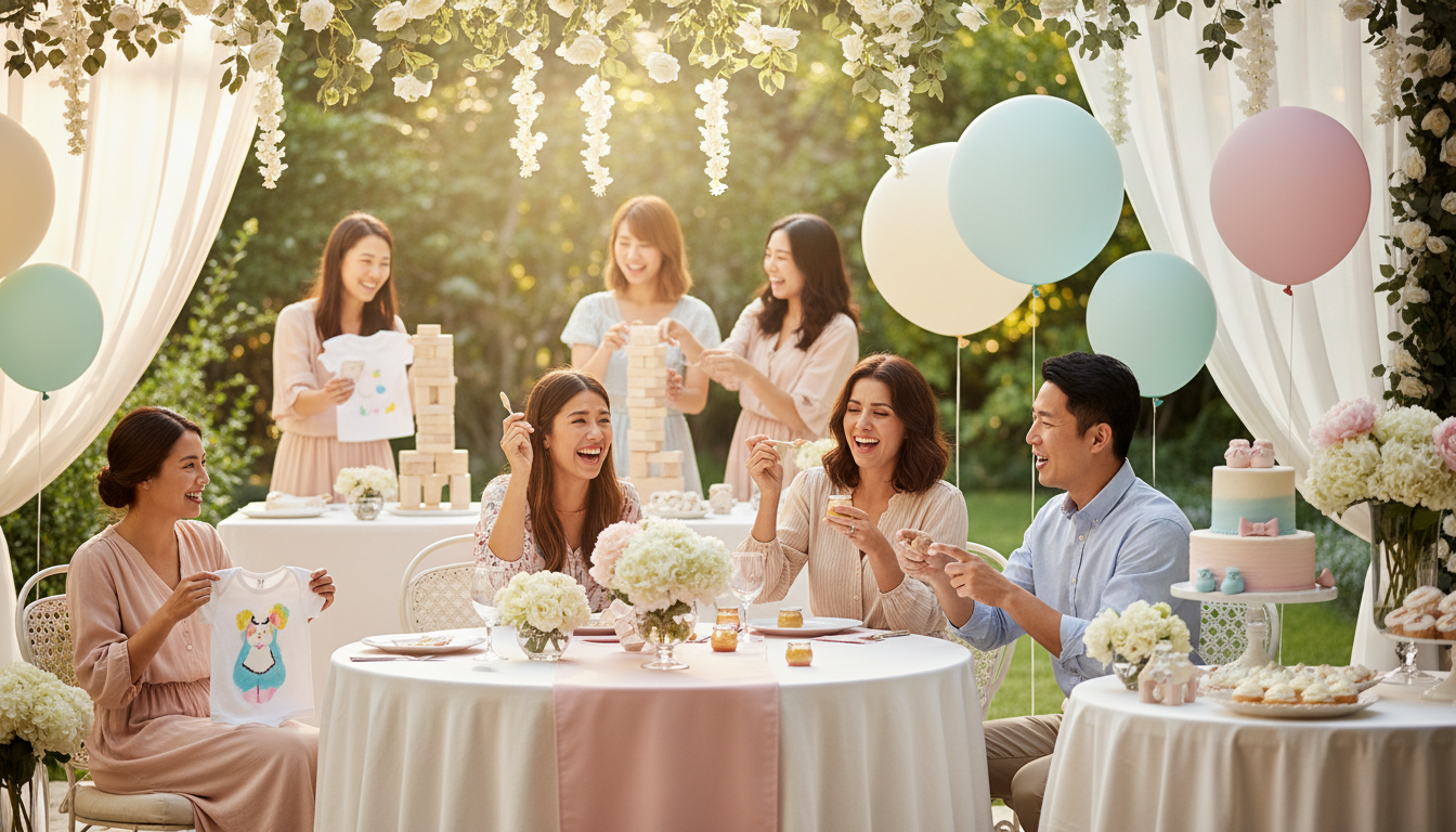 Guests playing games at elegantly decorated baby shower