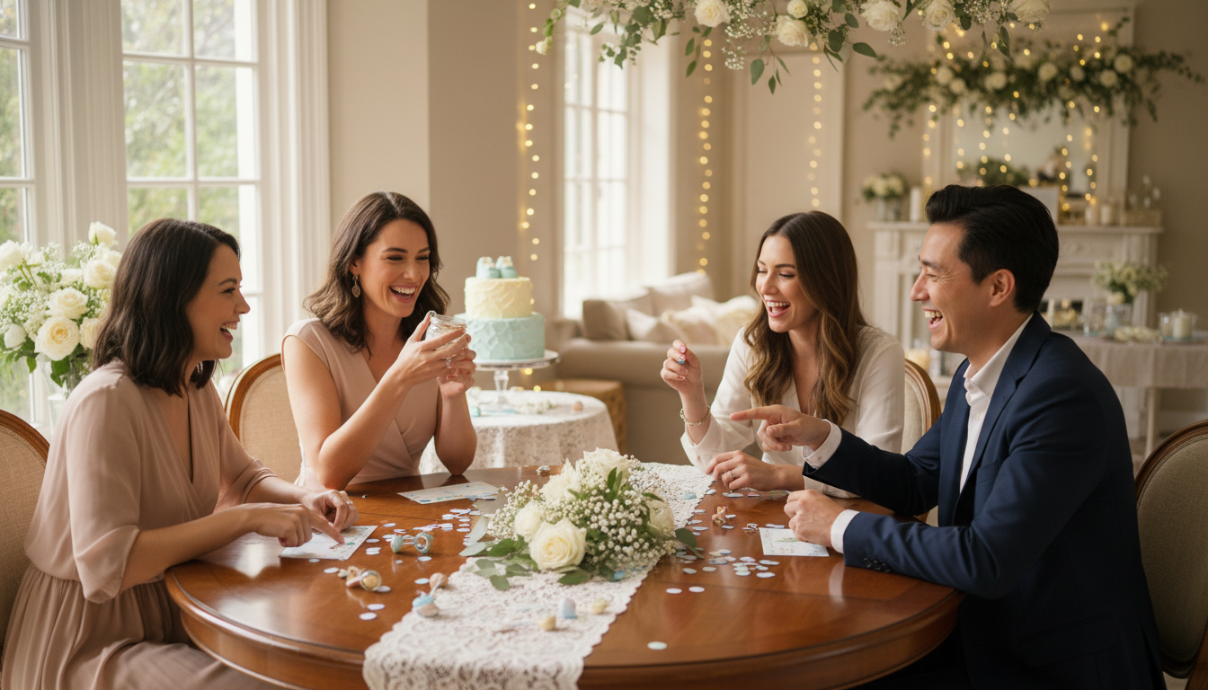 Guests playing games at elegantly decorated baby shower
