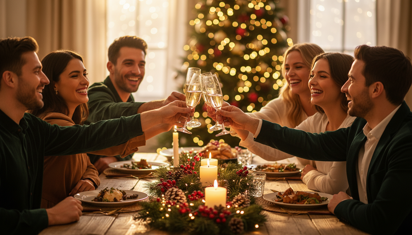 Friends toasting at festive holiday dinner party