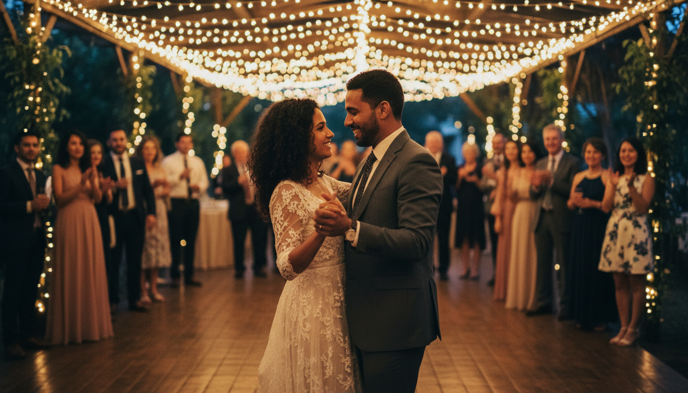 Couple dancing under fairy lights at outdoor reception