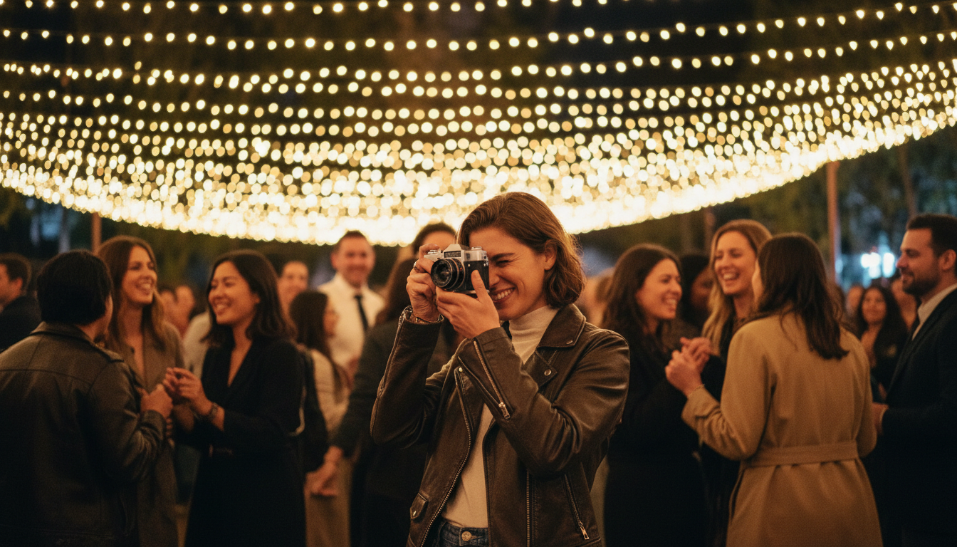 Person taking candid photo at crowded event with warm ambient string lights in the background