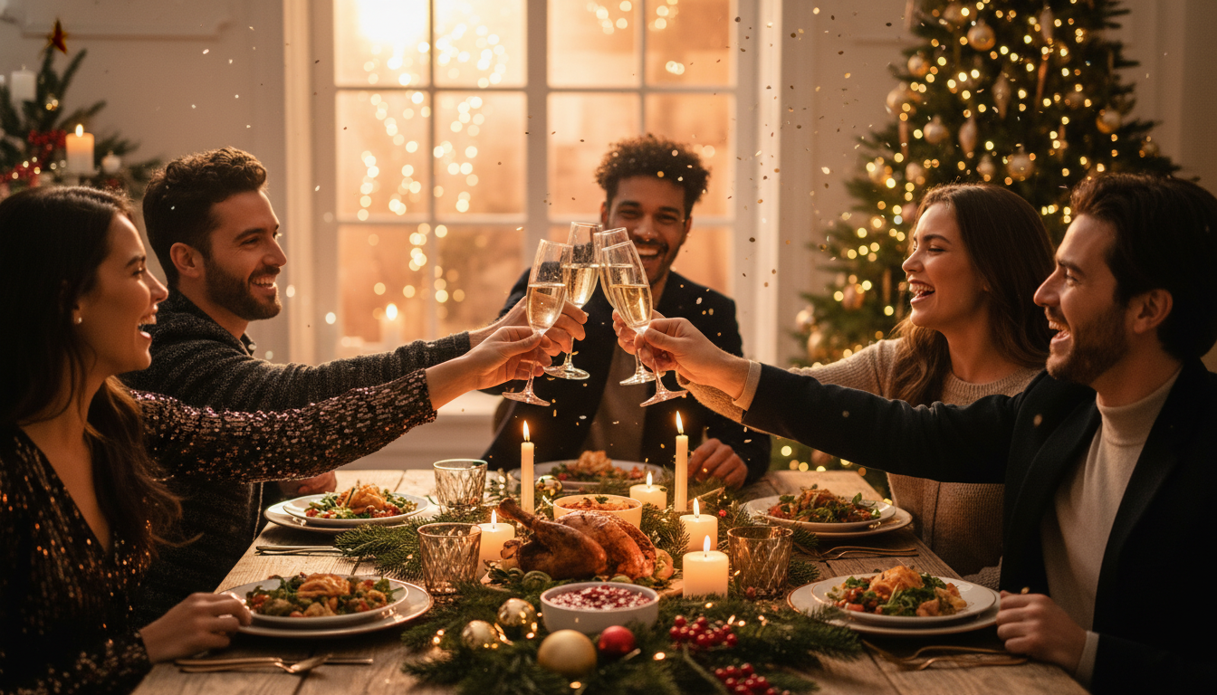 Friends toasting at festive holiday dinner party