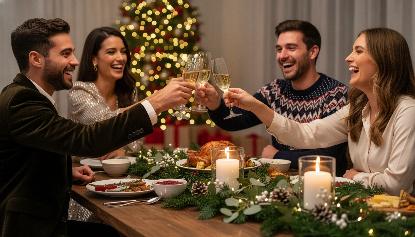 Friends toasting at festive holiday dinner party with natural wooden table and greenery