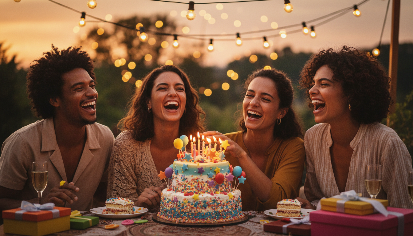 Friends laughing around birthday cake with colorful decorations