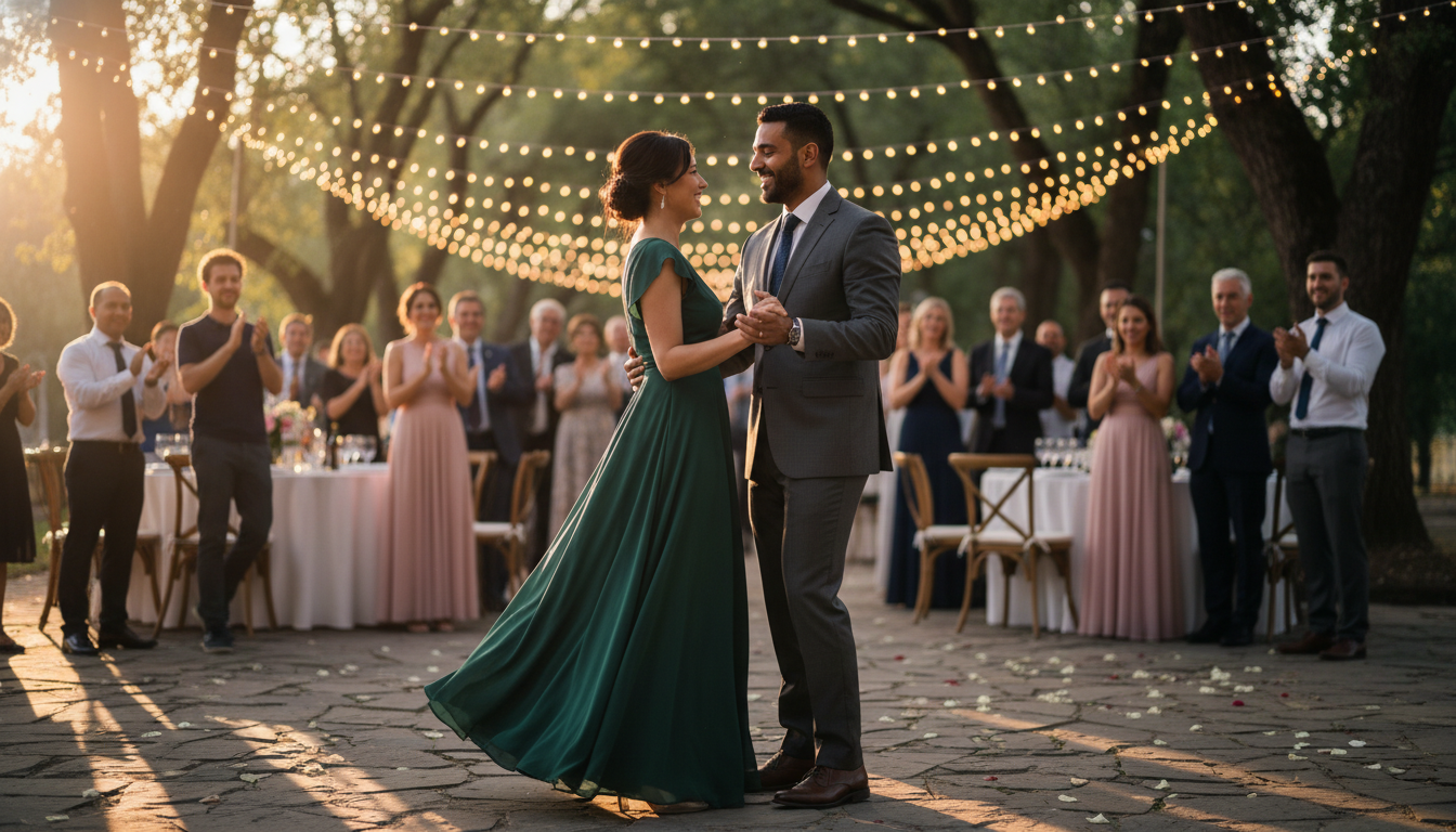 Couple dancing under fairy lights at outdoor reception