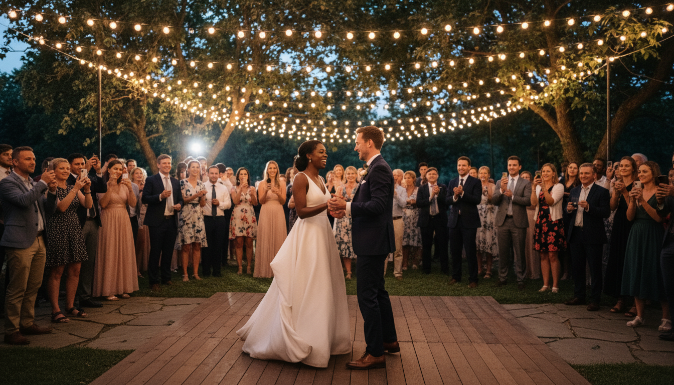Couple dancing under fairy lights at outdoor reception with guests taking photos on phones