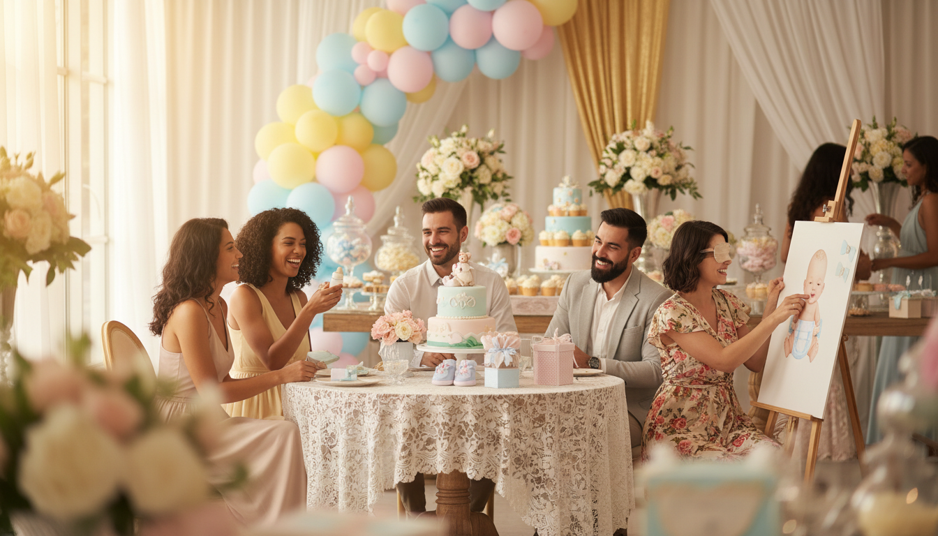 Guests playing games at elegantly decorated baby shower