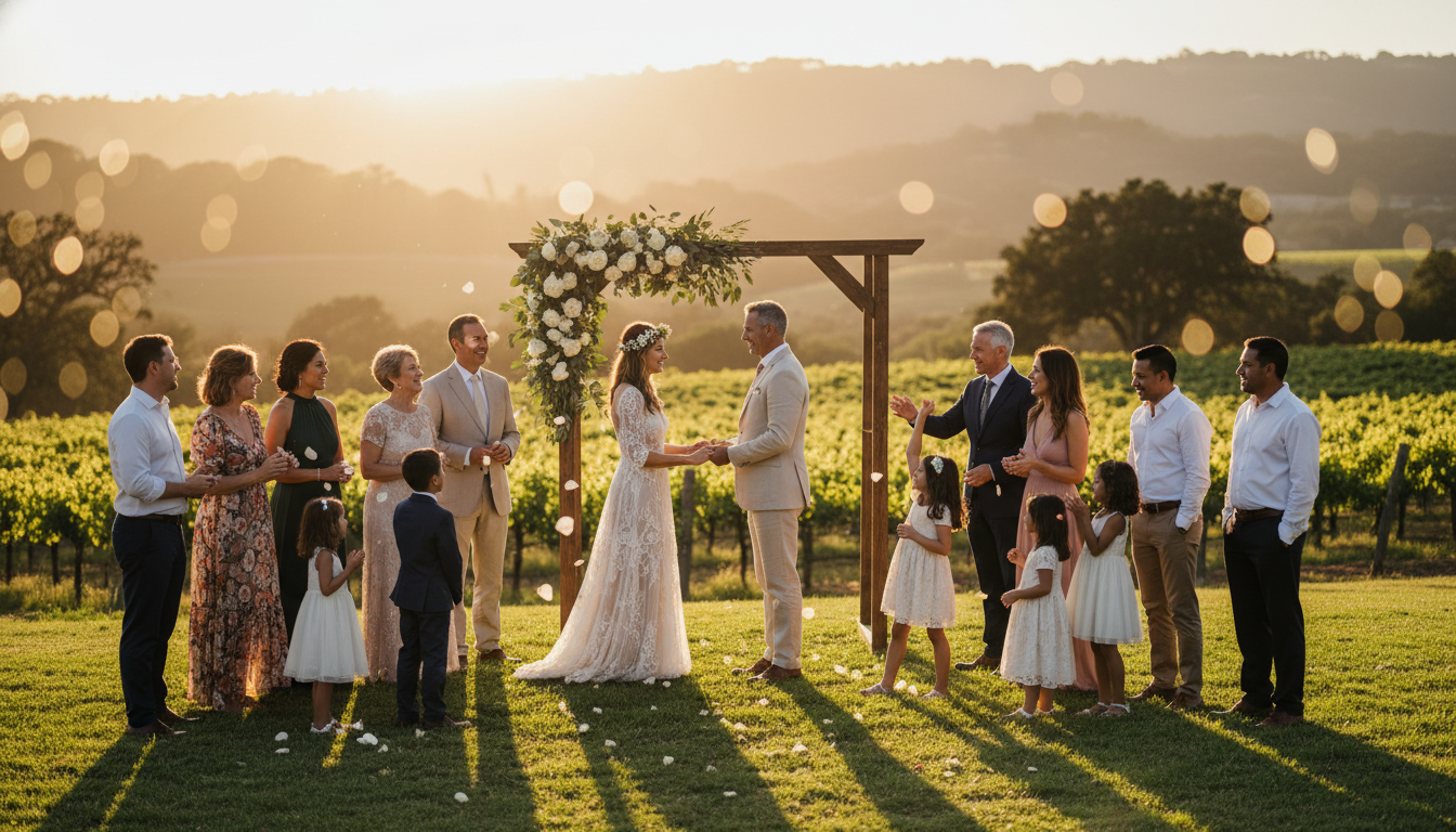 Couple renewing vows surrounded by family