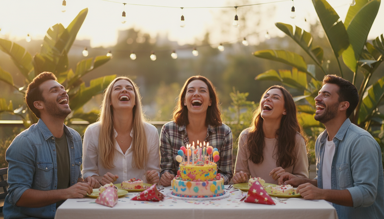 Friends laughing around birthday cake with colorful decorations