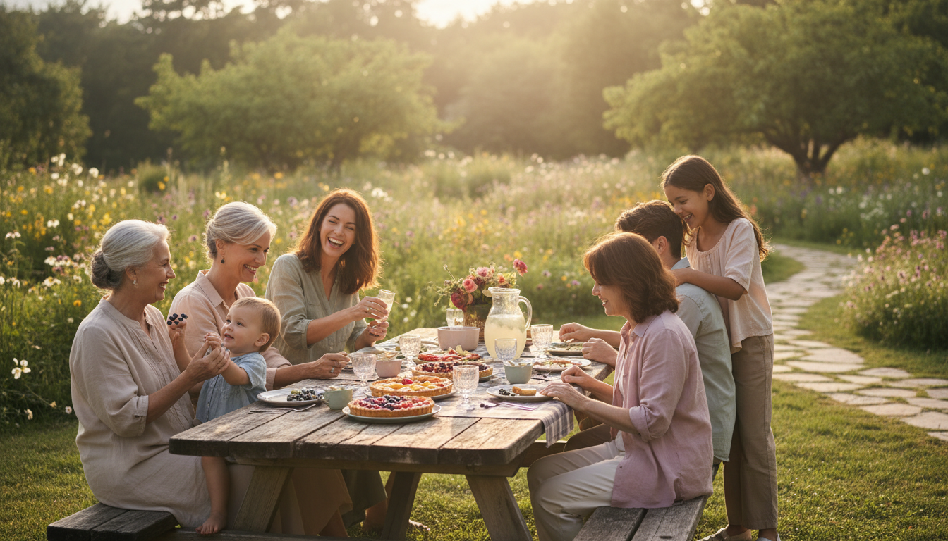 Four generations gathered around picnic table outdoors