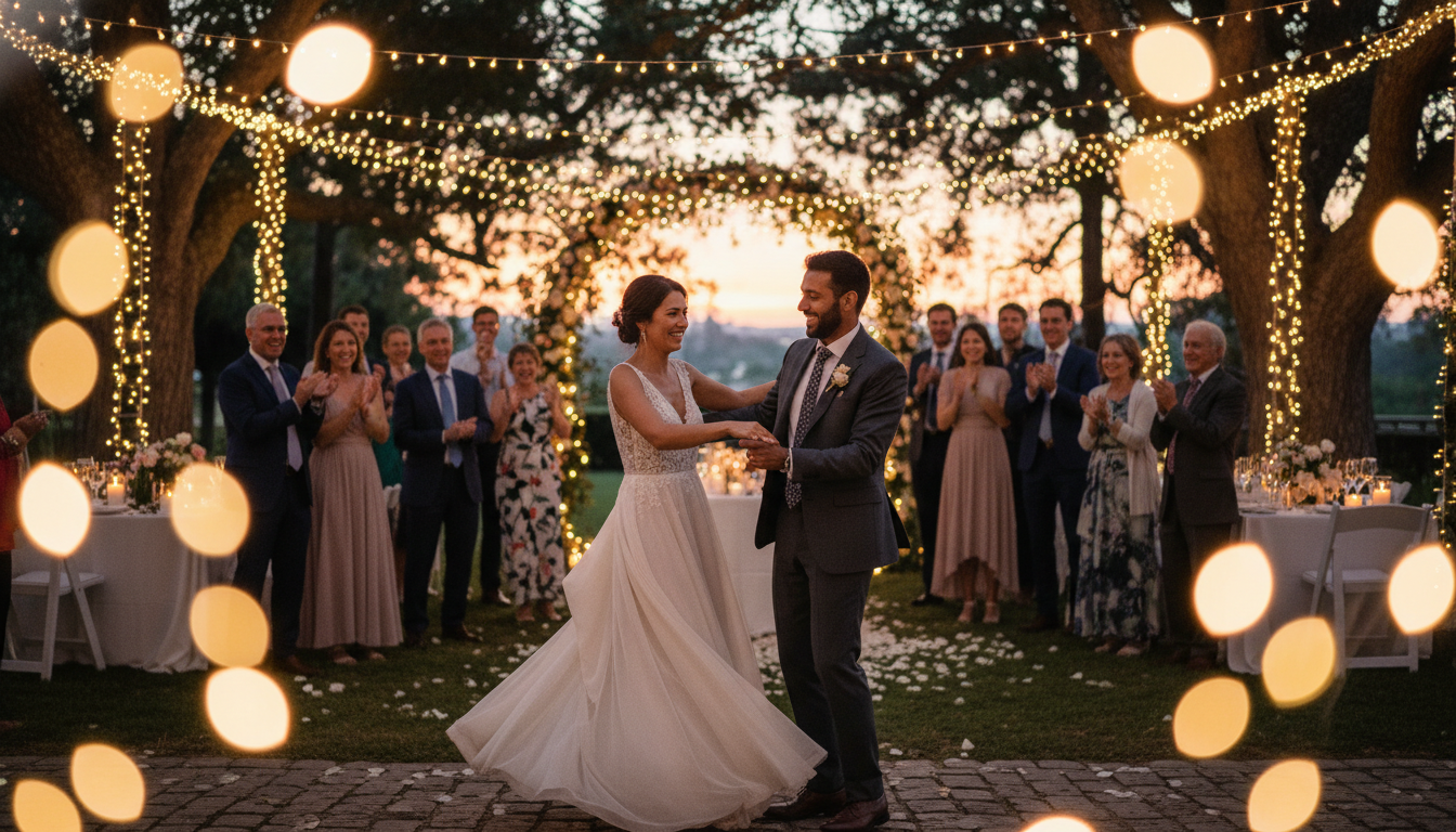 Couple dancing under fairy lights at outdoor reception
