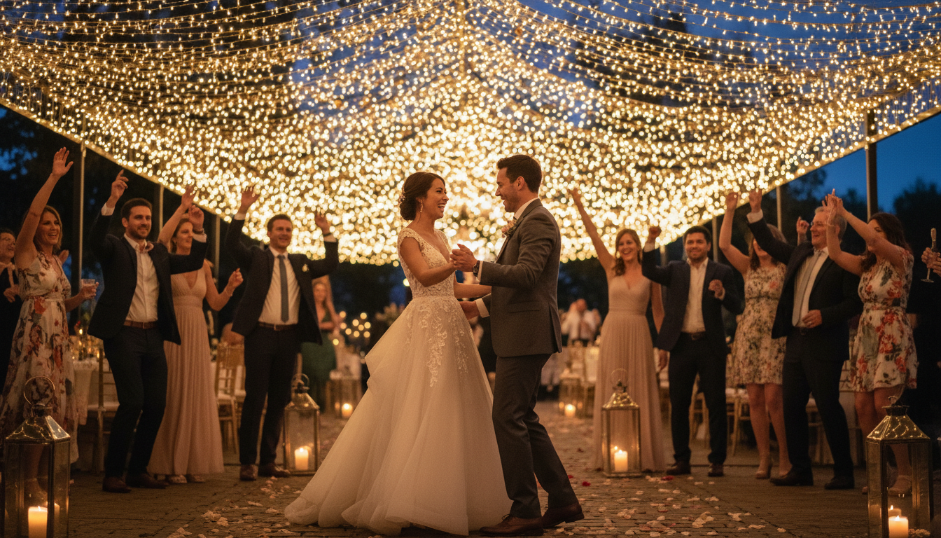 Couple dancing under fairy lights at outdoor reception