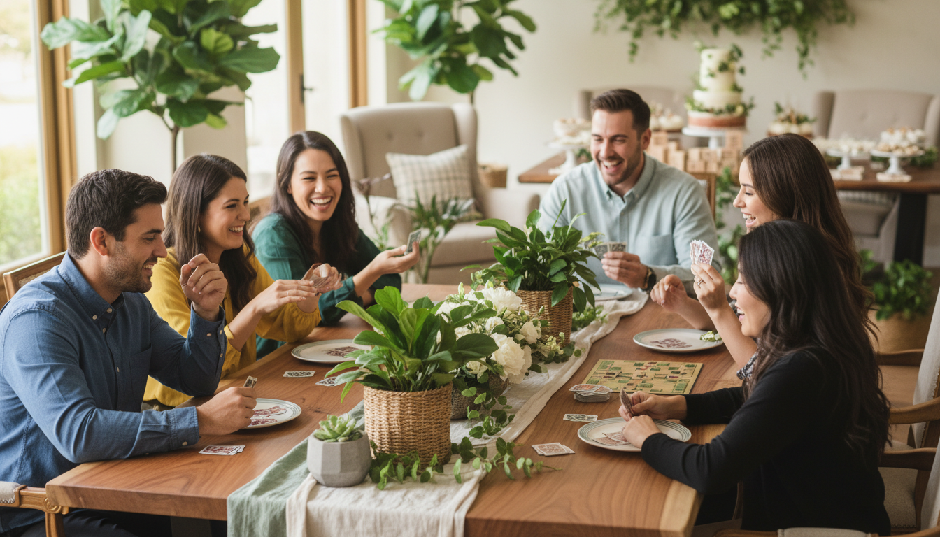 Guests playing games at elegantly decorated baby shower with natural wood accents and plants