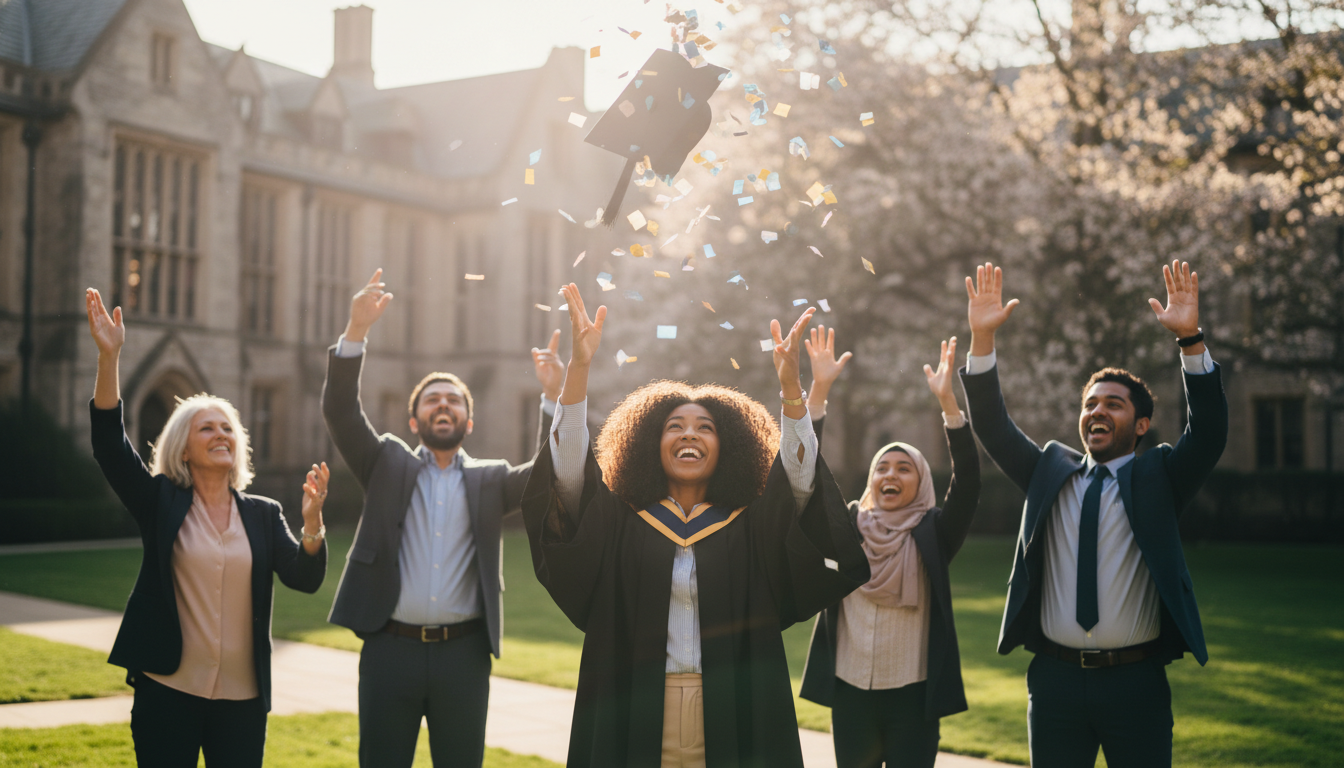 Proud graduate throwing cap in air with cheering family