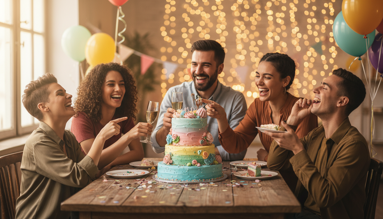 Friends laughing around birthday cake with colorful decorations