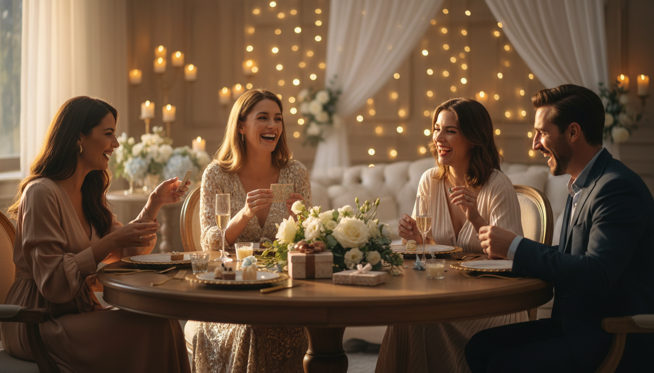 Guests playing games at elegantly decorated baby shower