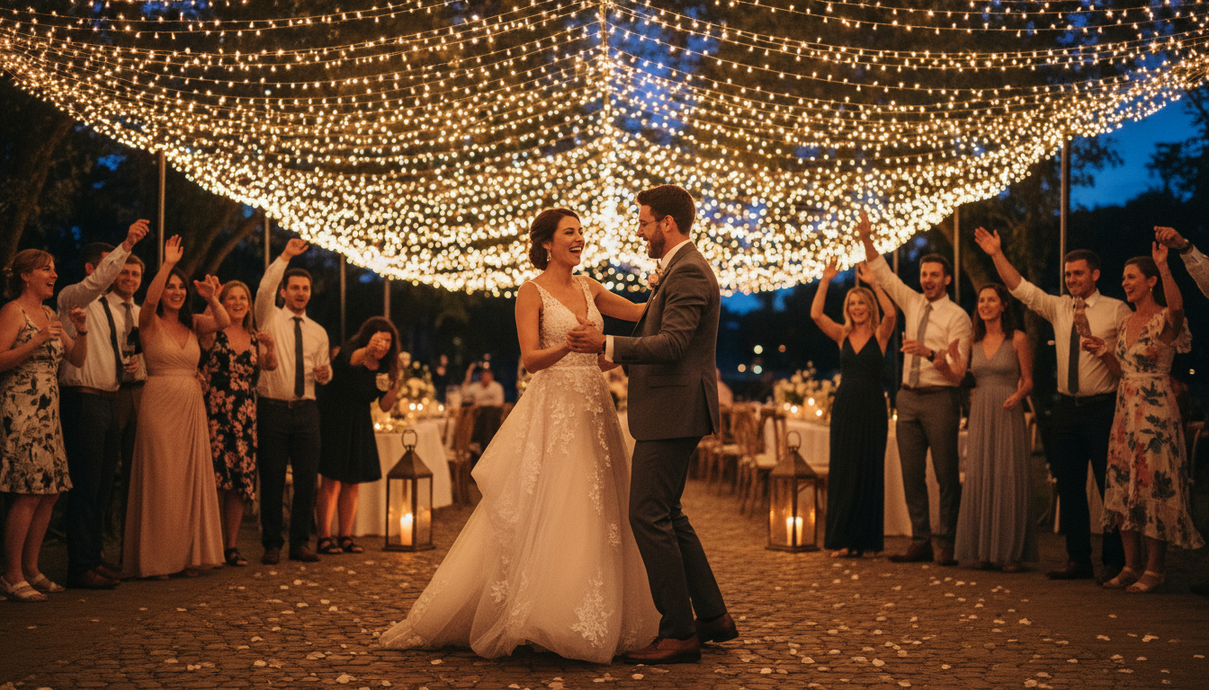 Couple dancing under fairy lights at outdoor reception