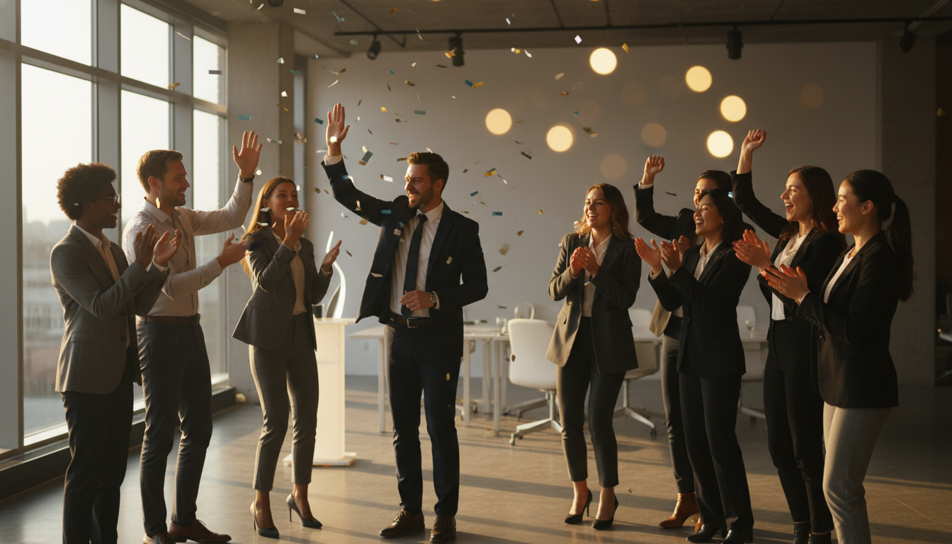 Team celebrating achievement at modern office event