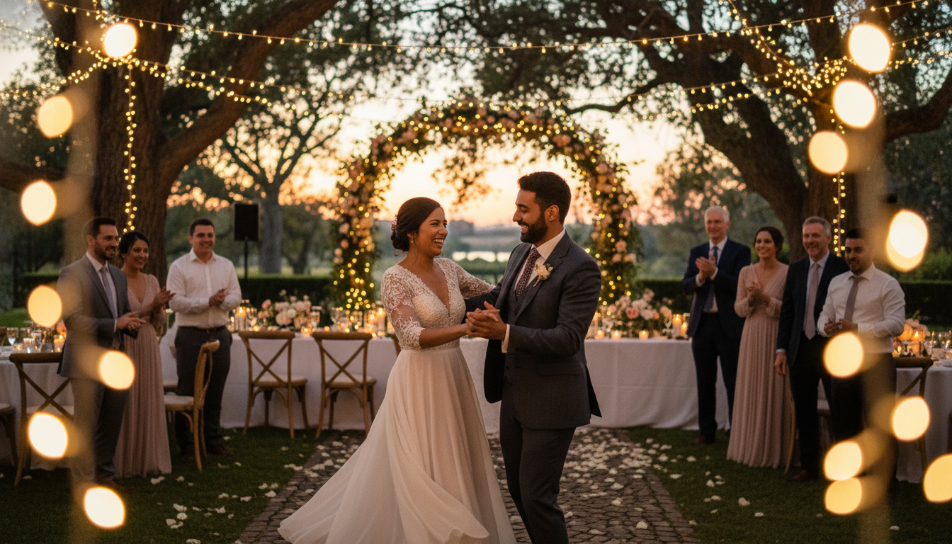 Couple dancing under fairy lights at outdoor reception