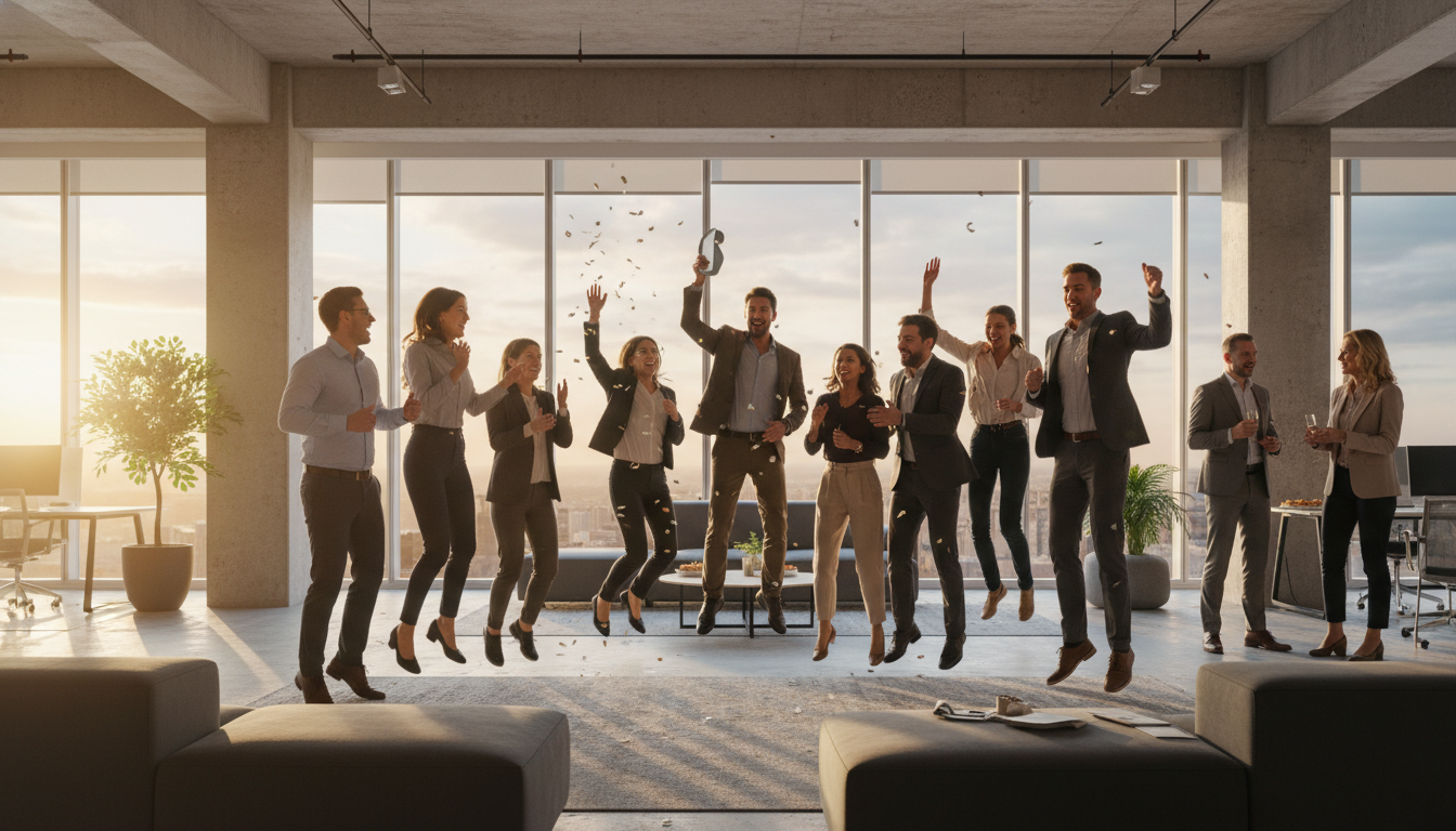 Team celebrating achievement at modern office event