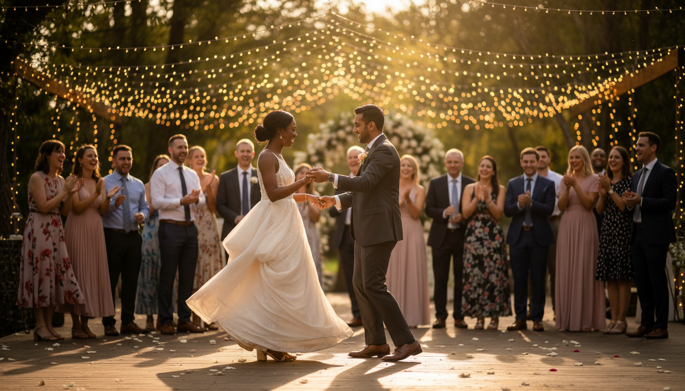 Couple dancing under fairy lights at outdoor reception