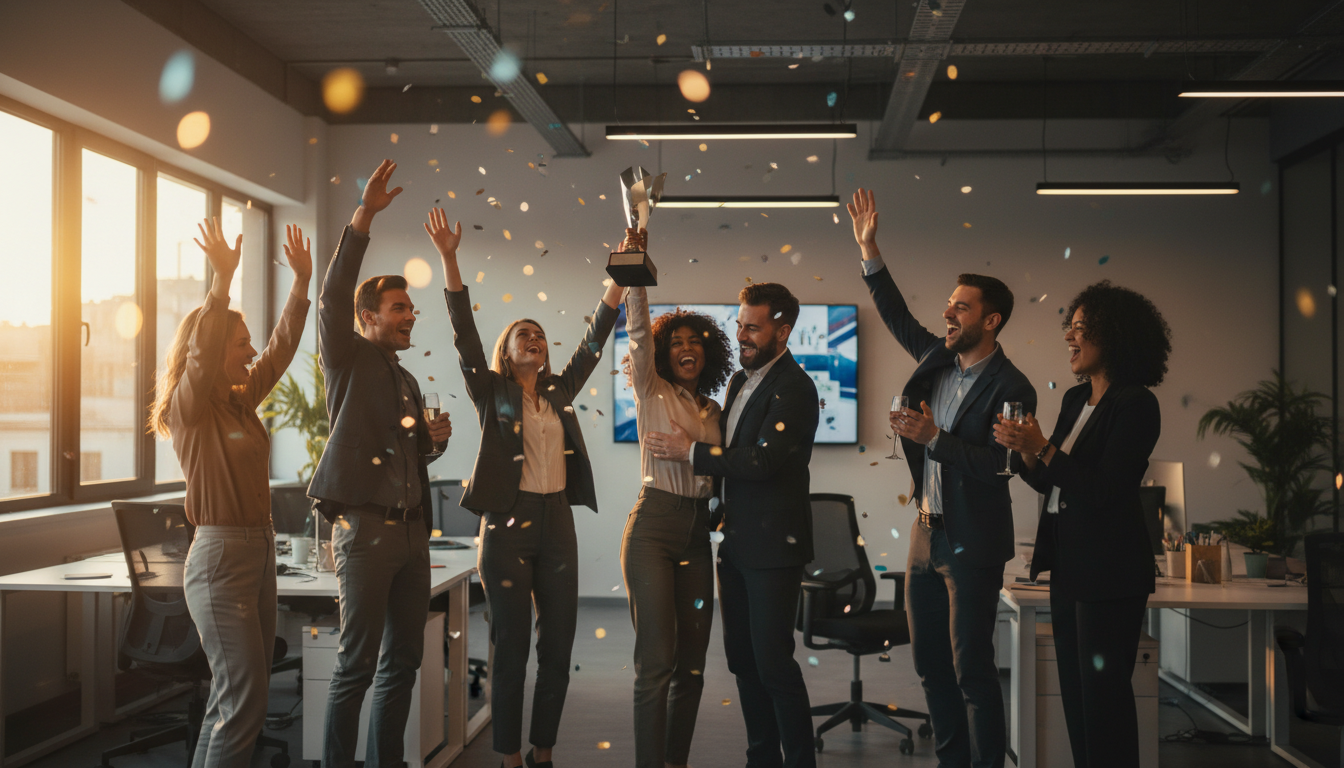 Team celebrating achievement at modern office event