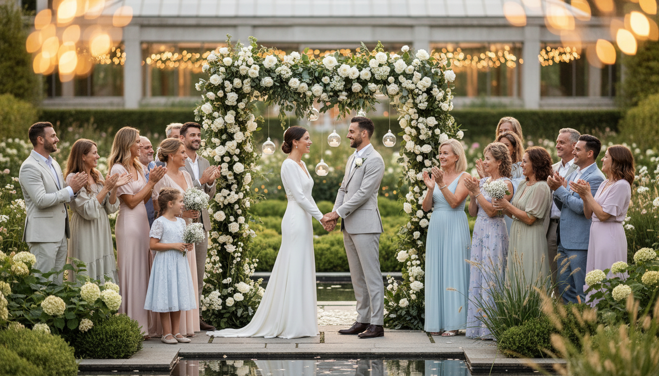 Couple renewing vows surrounded by family and friends in a modern garden setting