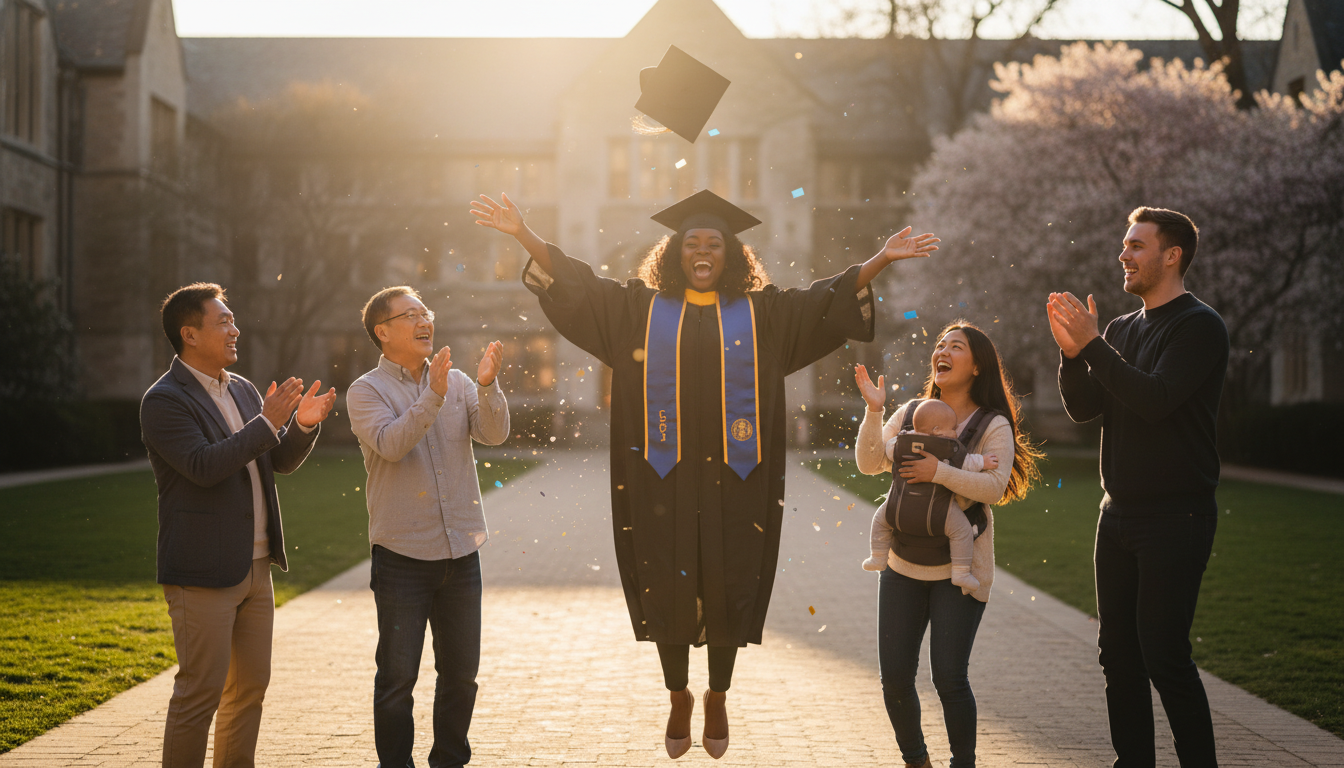 Proud graduate throwing cap in air with cheering family