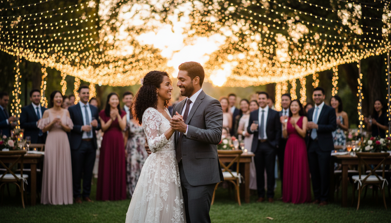 Couple dancing under fairy lights at outdoor reception