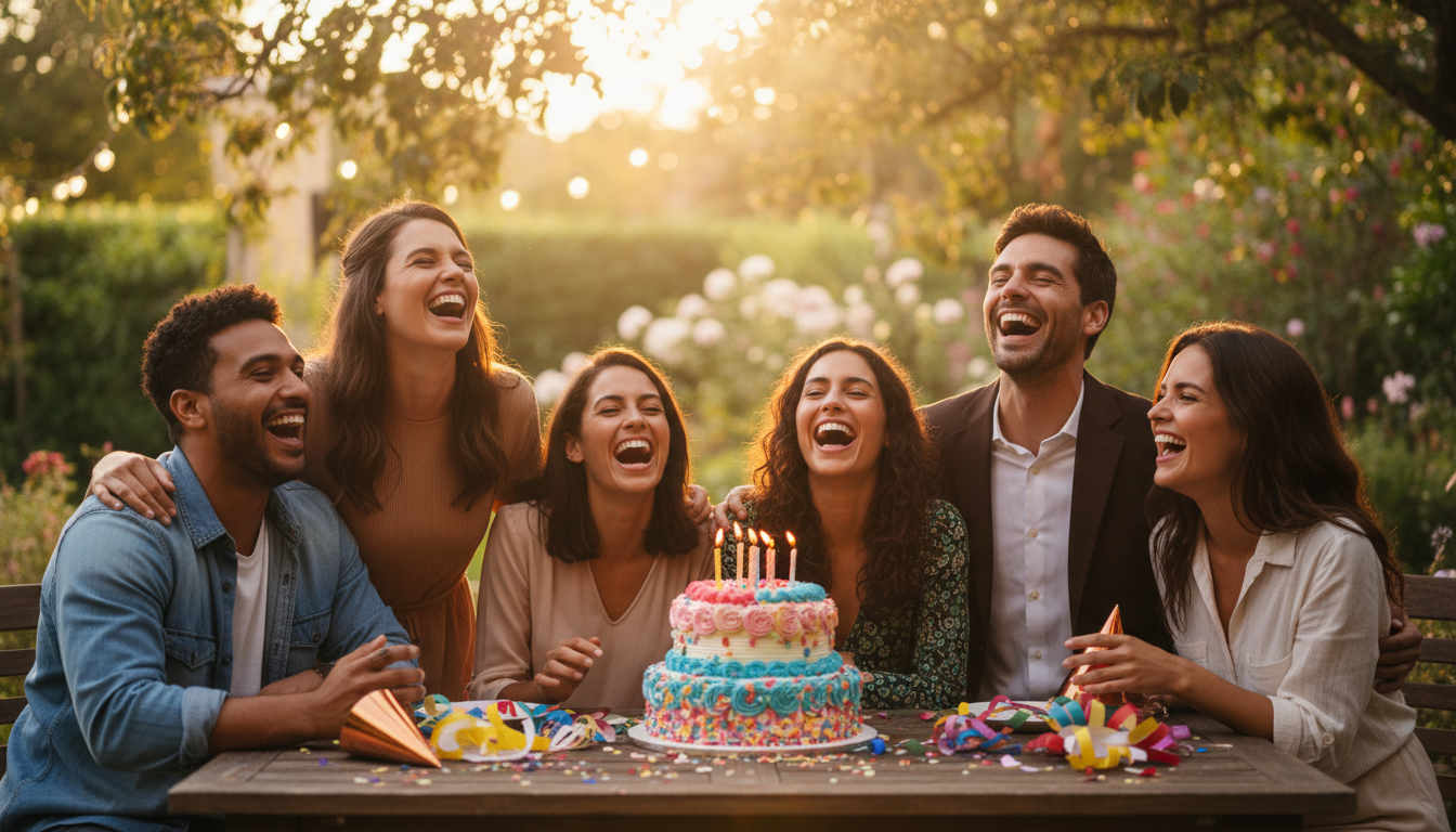 Friends laughing around birthday cake with colorful decorations