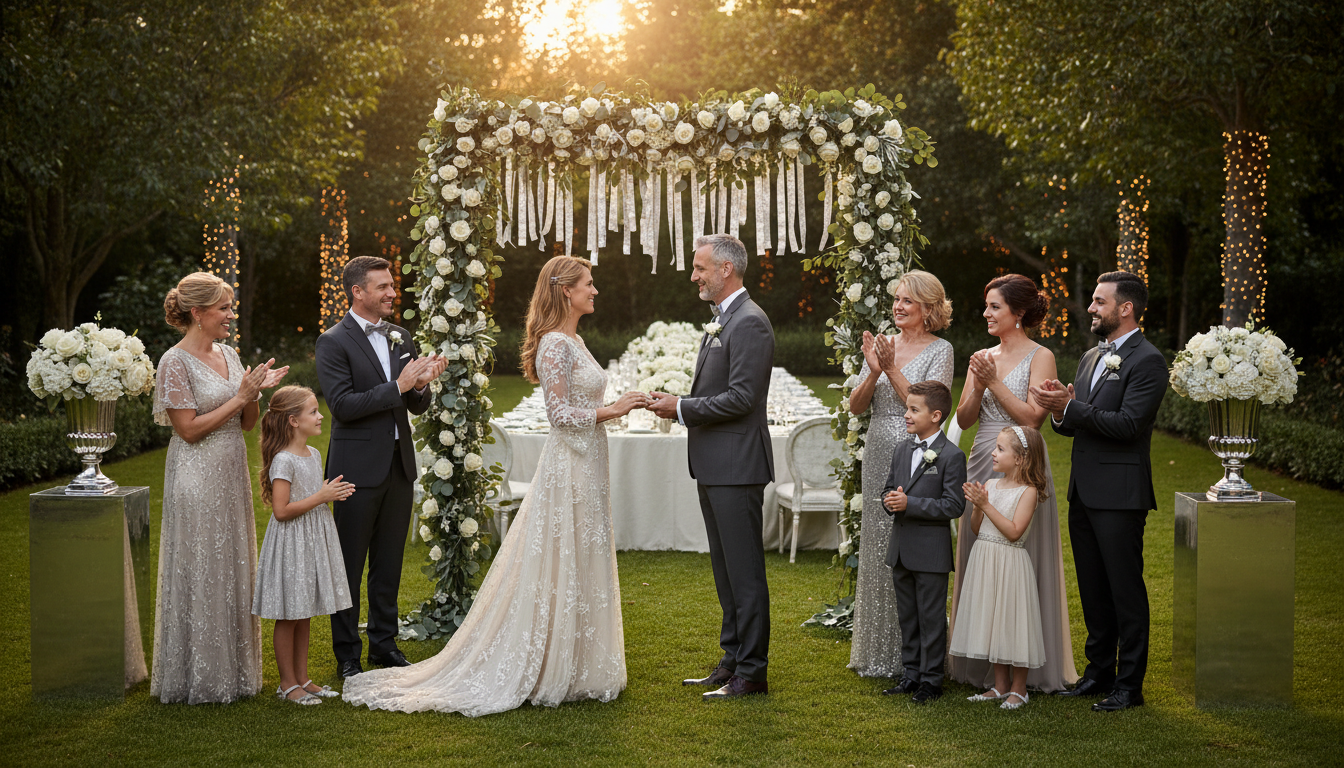 Couple renewing vows surrounded by family in a garden setting with silver accents