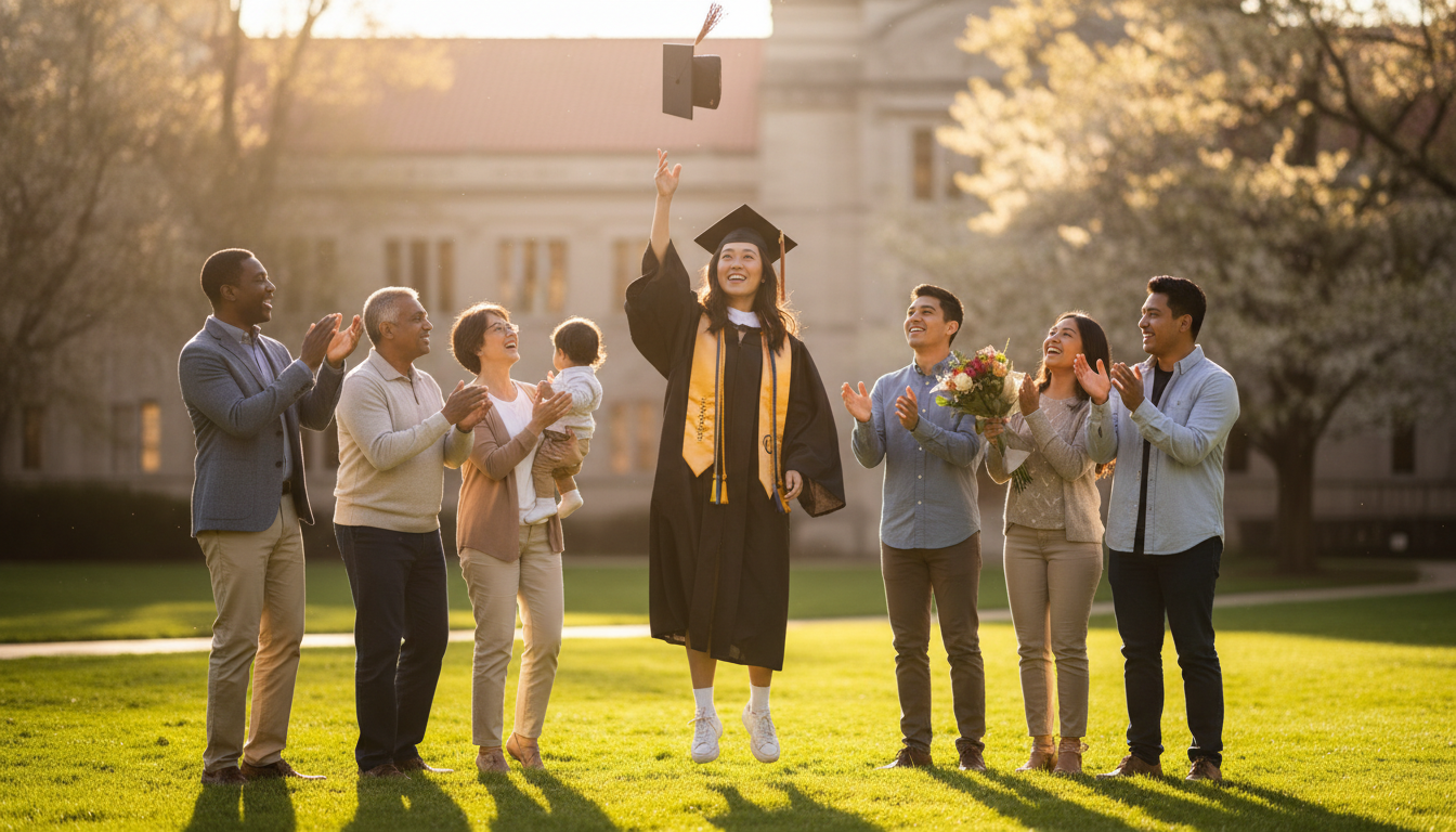 Proud graduate throwing cap in air with cheering family