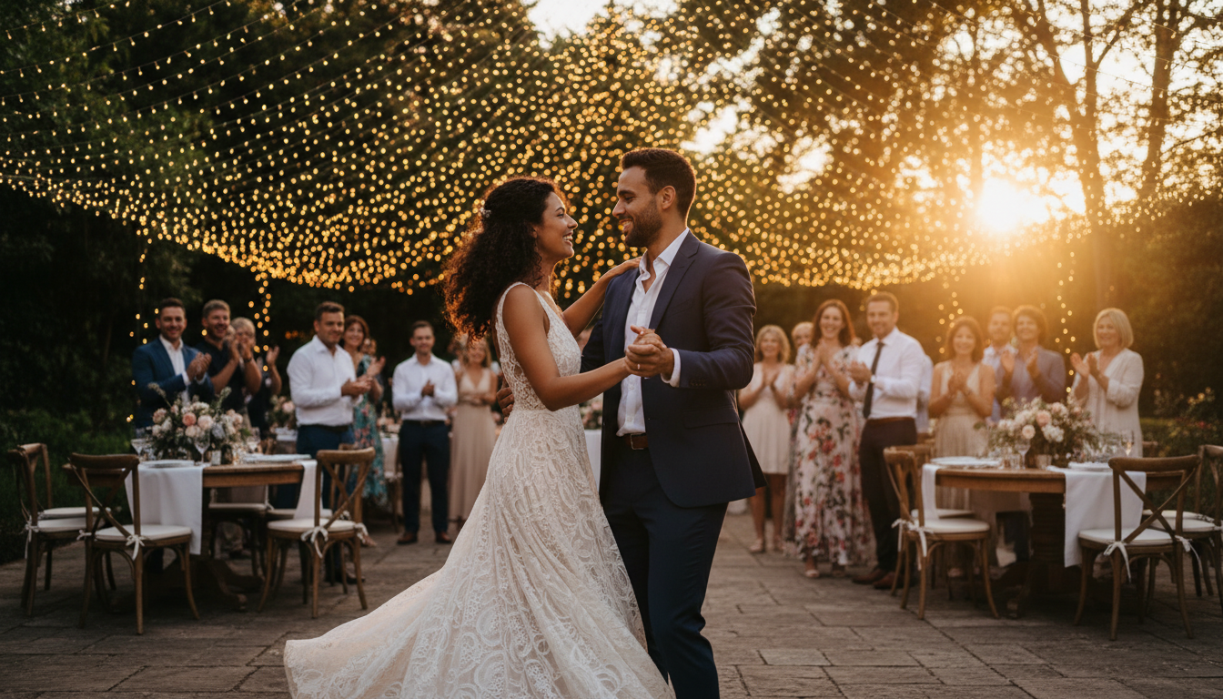 Couple dancing under fairy lights at outdoor reception