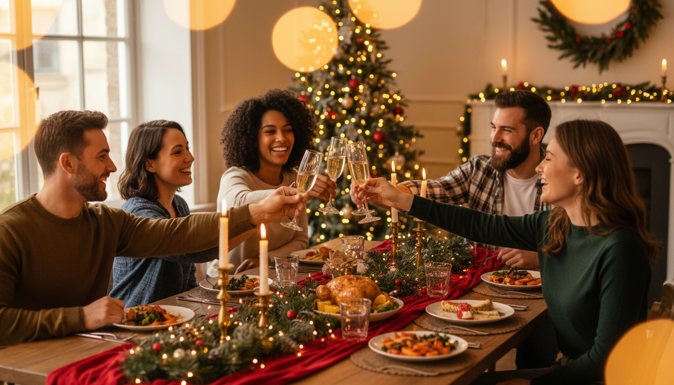 Friends toasting at festive holiday dinner party