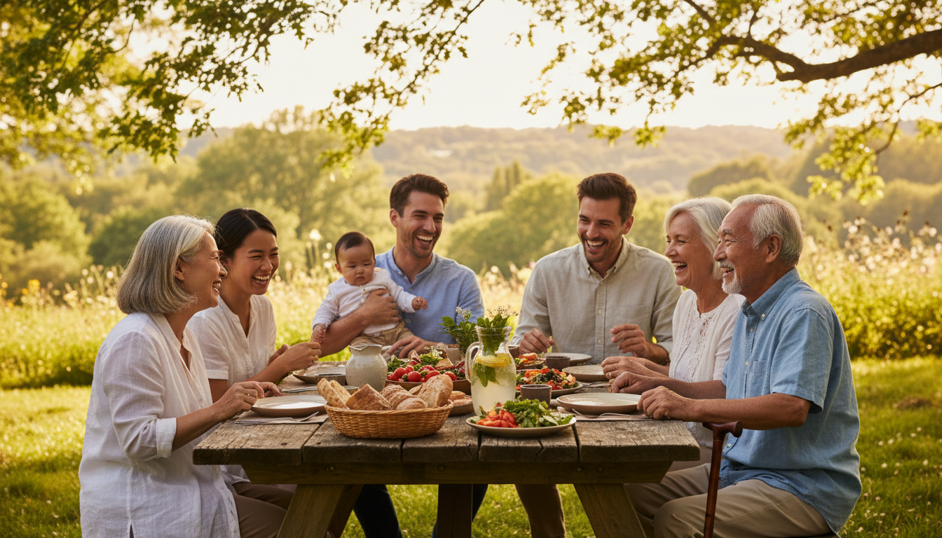 Four generations gathered around picnic table outdoors