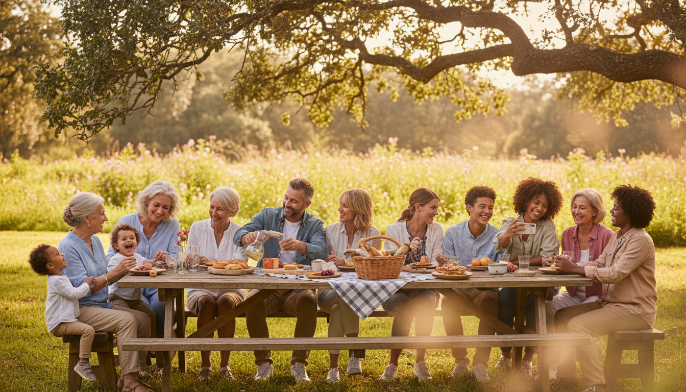 Four generations gathered around picnic table outdoors