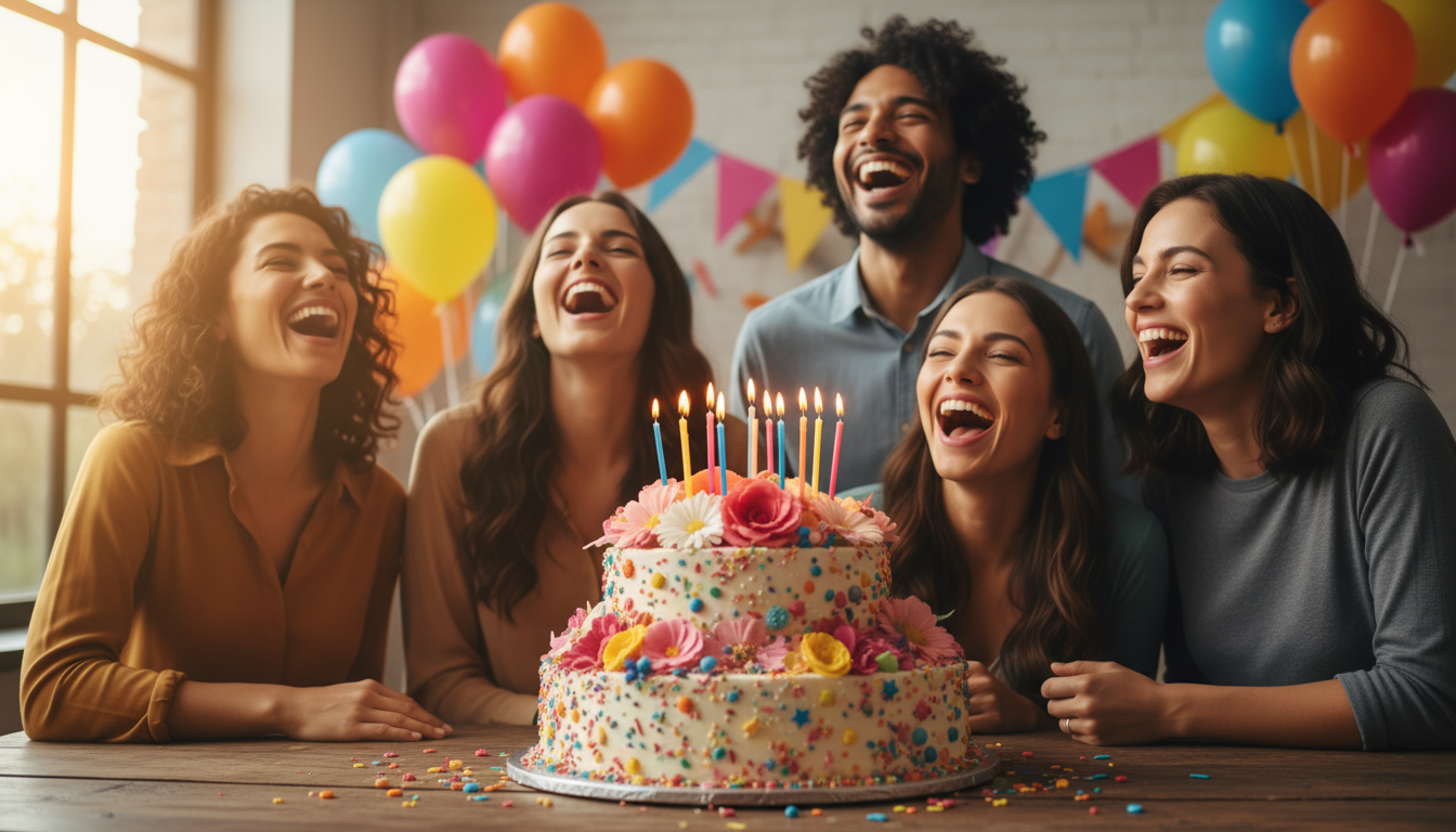 Friends laughing around birthday cake with colorful decorations
