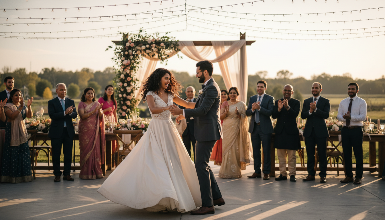 Couple dancing under fairy lights at outdoor reception