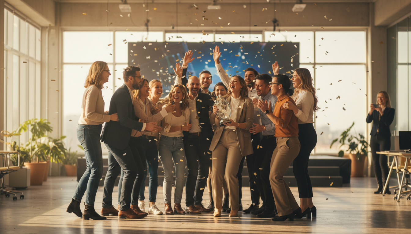 Team celebrating achievement at modern office event with authentic smiles and candid energy
