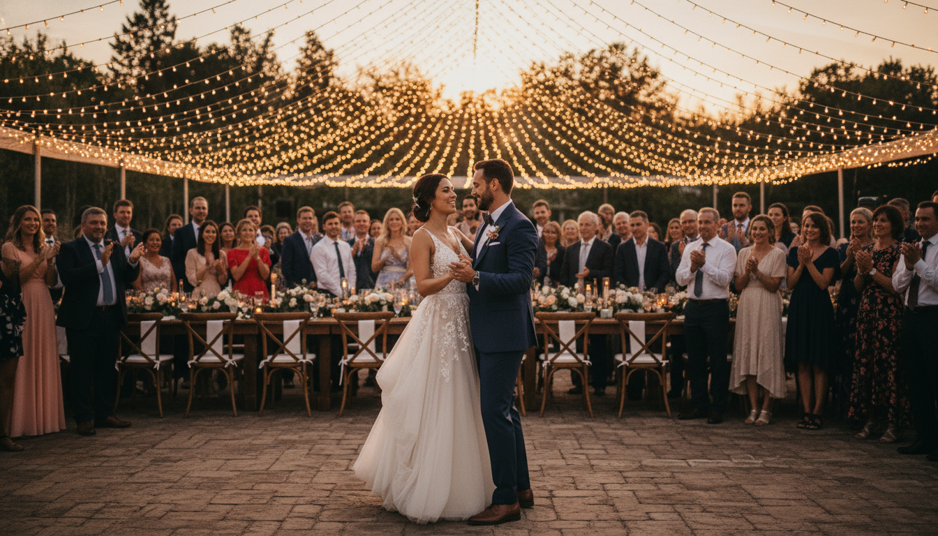Couple dancing under fairy lights at outdoor reception