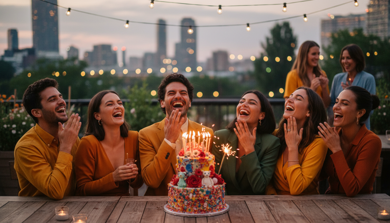 Friends laughing around birthday cake with colorful decorations
