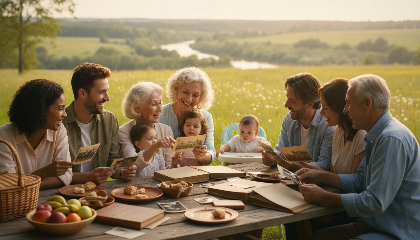 Four generations gathered around picnic table outdoors sharing old family photographs