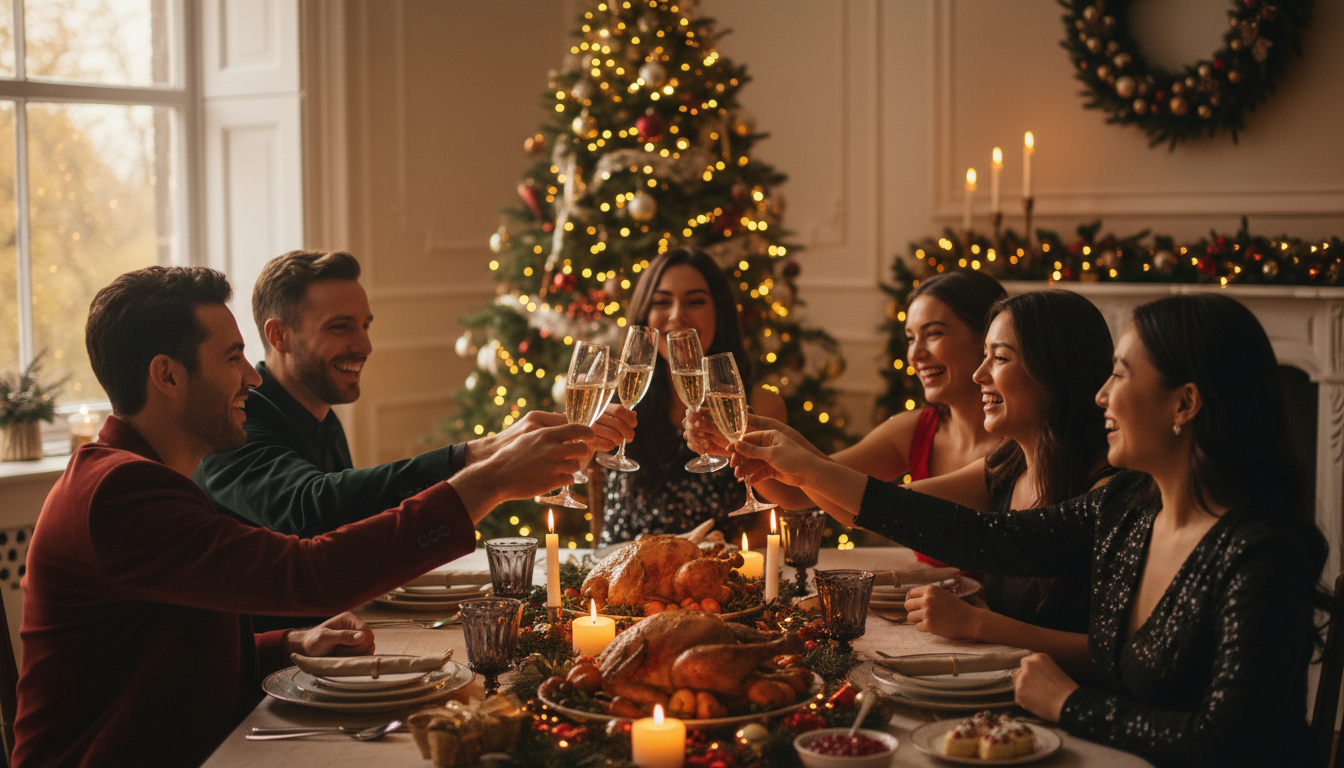 Friends toasting at festive holiday holiday dinner party