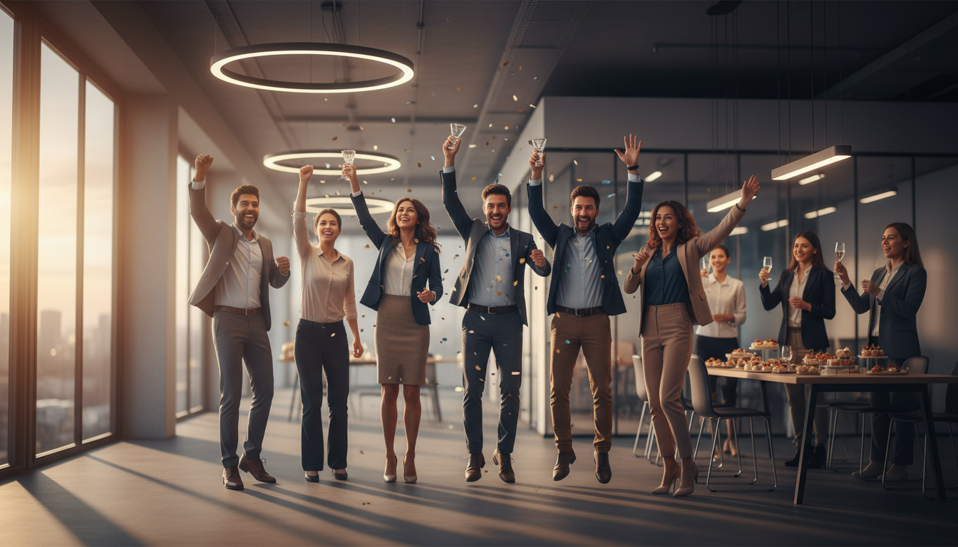 Team celebrating achievement at modern office event