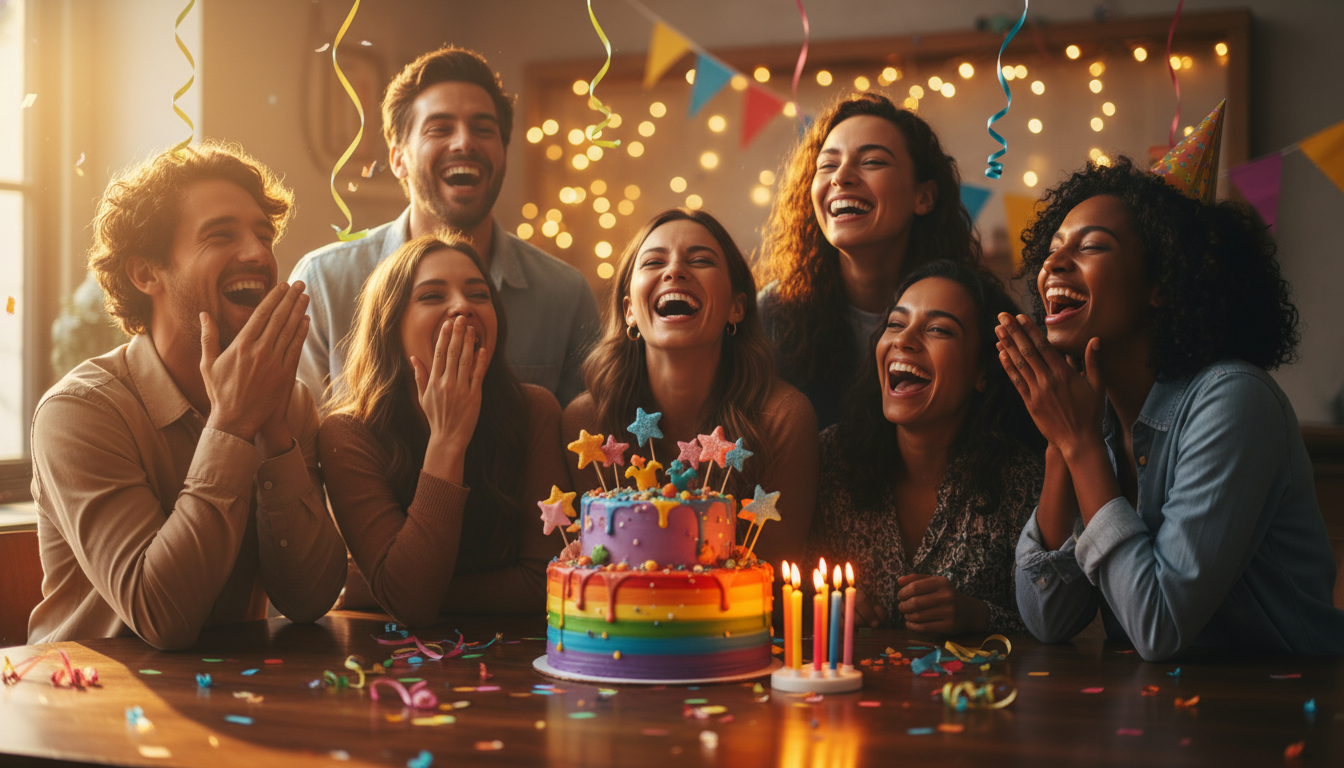 Friends laughing around birthday cake with colorful decorations